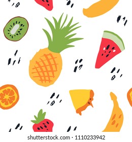 Minimal summer trendy vector tile seamless pattern in scandinavian style. Exotic fruit watermelon, pineapple, banana, kiwi slice and dots. Textile fabric swimwear graphic design for print on white.