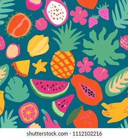 Minimal summer trendy vector tile seamless pattern in scandinavian style. Exotic fruit slice, palm leaf hibiscus flower. Textile fabric swimwear graphic design for print isolated on white.