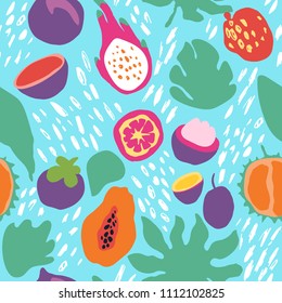 Minimal summer trendy vector tile seamless pattern in scandinavian style. Exotic fruit slice, plant leaf and abstract elements. Textile fabric swimwear graphic design for print isolated on white.