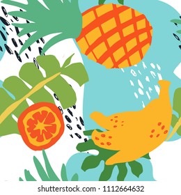 Minimal summer trendy vector tile seamless pattern in scandinavian style. Pineapple, banana, orange, palm leafs, abstract elements. Textile fabric swimwear graphic design for pring.