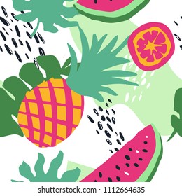 Minimal summer trendy vector tile seamless pattern in scandinavian style. Watermelon, pineapple, orange slice, palm leafs, abstract elements. Textile fabric swimwear graphic design for pring.