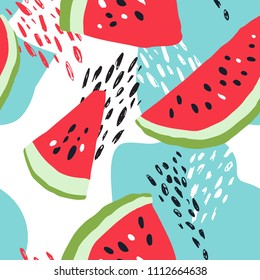 Minimal summer trendy vector tile seamless pattern in scandinavian style. Watermelon, abstract elements. Textile fabric swimwear graphic design for pring.