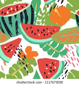 Minimal summer trendy vector tile seamless pattern in scandinavian style. Watermelon, palm leafs, exotic flowers, abstract elements. Textile fabric swimwear graphic design for print.