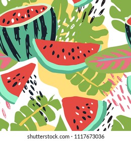 Minimal summer trendy vector tile seamless pattern in scandinavian style. Watermelon, palm leafs, abstract elements. Textile fabric swimwear graphic design for print.