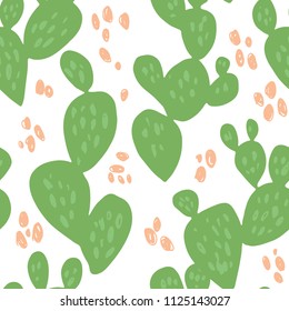 Minimal summer trendy vector tile seamless pattern in scandinavian style. Beaver tail cactus Opuntia Basilaris with abstract dots elements. Textile fabric wrapping graphic design for print.