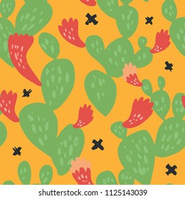Minimal summer trendy vector tile seamless pattern in scandinavian style. Beaver tail cactus Opuntia Basilaris with flowers and abstract dots elements. Textile fabric wrapping graphic design for print
