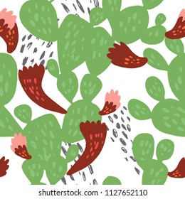 Minimal summer trendy vector tile seamless pattern in scandinavian style. Beaver tail cactus Opuntia Basilaris with flowers and abstract dots elements. Textile fabric wrapping graphic design for print