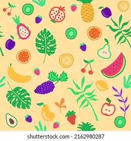 Minimal sommerliche trendige Vektorfliese nahtlos Muster im skandinavischen Stil. Exotische Obstscheibe, Palmenblattgebirgsblume. Textilgewebe Badebekleidung Grafikdesign für Druck einzeln auf Weiß.