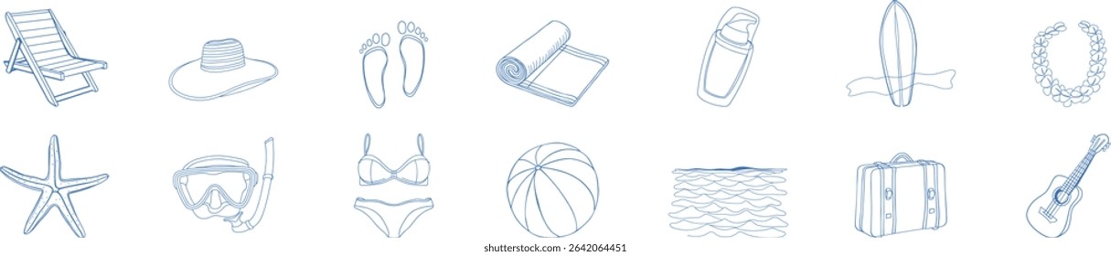 Minimal summer vacation icon collection in blue line art style. Includes beach gear, surfboard, suitcase, guitar, and snorkel items. Perfect for holiday design, posters, and digital art.