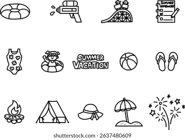 Minimal summer vacation icon set in black line art. Features playful camping and water activity items designed for children's seasonal themes.