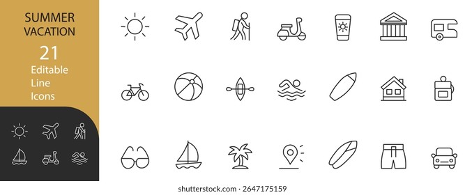 Minimal summer vacation line icons set. Includes travel, beach, surfing, swimming, transport, and holiday elements. Perfect for web, apps, and print design.