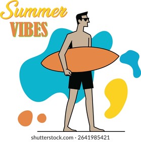 minimal summer vibes illustration with surfer holding orange surfboard, colorful abstract background, beach lifestyle concept