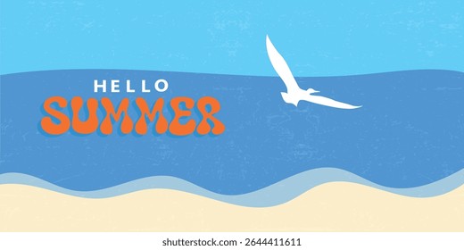 cartaz de verão mínimo, capa, banner, cartão com mar brilhante, céu azul Férias de verão, viagem, férias de viagem ilustração. Modelo de design de anúncios promocionais