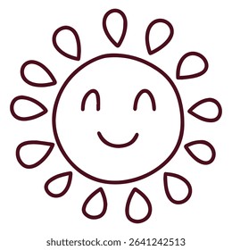 Minimal sun with dotted rays, smiling face and joyful blush, hand-drawn outline design in black and white style