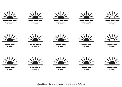 Minimal Sun Horizon And Sea Reflection Outline Icons For Nature Design