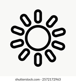 Minimal sun icon with bold lines. Sun icon features a circle and rays. Simple sun design with clear, bold lines for a modern look. Simple icon vector element. Weather report symbol.