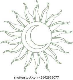 Minimal sun and moon line art with flowing rays in celestial style. Ideal for spiritual tattoos, astrology posters, and cosmic themed designs in modern vector format.