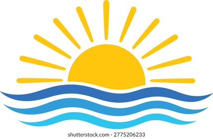Minimal Sun and Ocean Waves Logo with Sunrise Beach Abstract Flat Design Summer Coastal Design