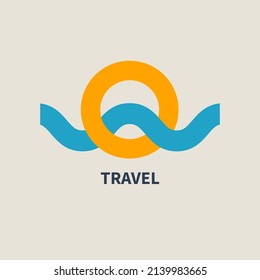 Minimal sun and sea gemetric logo. Minimalistic landscape icon with sun and sea for resort, travel agency. Summer symbol with ocean, river