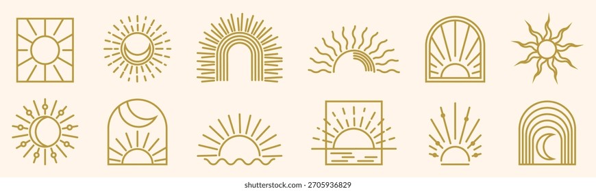 Minimal sun shapes create a warm symbolic collection in soft golden tones. Each element shows gentle rays and calm symmetry. This artwork suits peaceful themes and modern decorative layouts