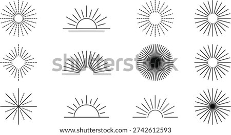 Minimal Sunburst Line Icon Set Featuring Radiating Rays And Sunrise Horizon Symbols