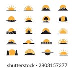 Minimal Sunrise and Sunset Icons Set – Sun Horizon, Mountain Sunrise, Ocean Sunset, Landscape, Nature, Trees, Clouds Vector Silhouette Collection