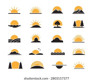 Minimal Sunrise and Sunset Icons Set – Sun Horizon, Mountain Sunrise, Ocean Sunset, Landscape, Nature, Trees, Clouds Vector Silhouette Collection