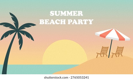 Minimal Sunset Beach Party Poster with Palm Tree Umbrella Chairs and Calm Ocean Scene Tropical Summer Event Design