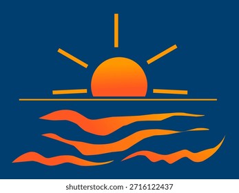 Minimal sunset illustration over ocean waves. Calm modern design for travel, nature, and lifestyle backgrounds