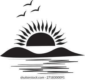 Mínimo pôr do sol paisagem com raios de sol, pássaros e silhueta de colina sobre a água reflexiva, ilustração preta limpa, cena da natureza, design vetorial moderno para logotipo, cartaz, marca e decoração.