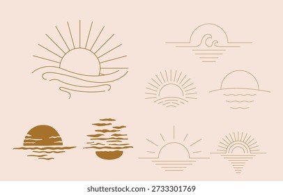 Icono de arte de línea de puesta de sol mínimo en estilo boho con Colección de Vector celestial mínima