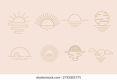 Icono de arte de línea de puesta de sol mínimo en estilo boho con Colección de Vector celestial mínima