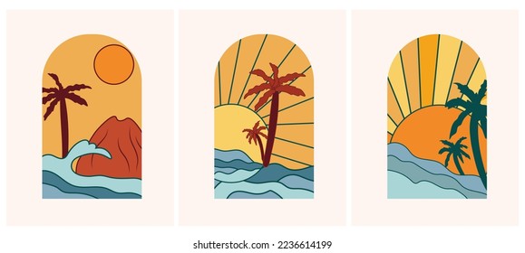 Minimal Sunset poster the sea with a palm tree. Set vintage sunrise, perfect for icon and symbols, poster, postcard, logo. Vector illustration. Vector illustration.