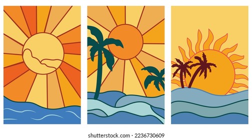Minimal Sunset poster the sea with a palm trees. Set Vintage background sunrise in the Morning, perfect for icon and symbols, poster, postcard, logo. Vector illustration