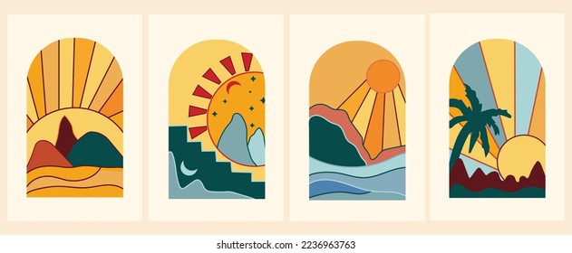 Minimal Sunset poster the sea with a palm tree. Set vintage sunrise, perfect for icon and symbols, poster, postcard, logo. Vector illustration. Vector illustration.