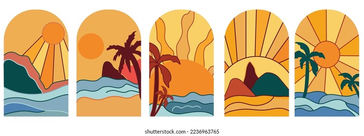 Minimal Sunset poster the sea with a palm trees. Set Vintage background sunrise in the Morning, perfect for icon and symbols, poster, postcard, logo. Vector illustration