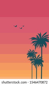 Minimal sunset sky view of the palm/coconut tree in tropical landscape design and group of bird while flying in the sky with beautiful warm sky while the sunset