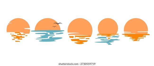 Minimal Sunset Sun Reflection Over Sea Vector Icon Set