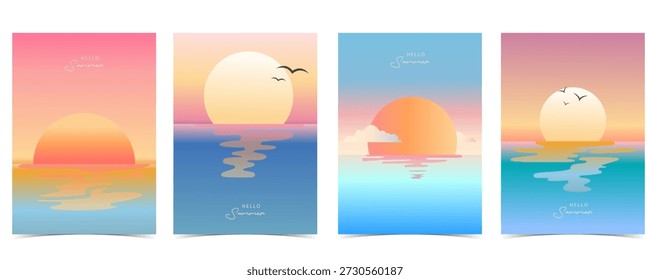 Minimal Sunset and Sunrise Poster Set, Pastel Ocean Landscape Wall Art background