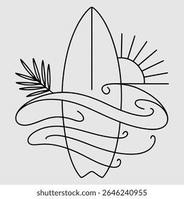 Minimal Surfboard Line Art with Waves, Palm Leaf, and Sunrise - Abstract Beach Design