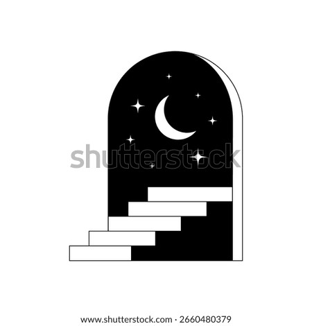 Minimal surreal door. Abstract geometric arch frame with stairs stars and moon,  boho esoteric elements, door portal infinity universe concept. Vector modern illustration.