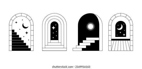 Minimal surreal doors stairs. Abstract boho line staircase, arch, trendy mystic geometric art for tattoo, print. Vector set