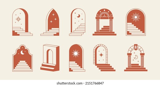 Minimal surreal doors stairs. Boho line arch, staircase, mystic frames, abstract geometric art. Vector illustration