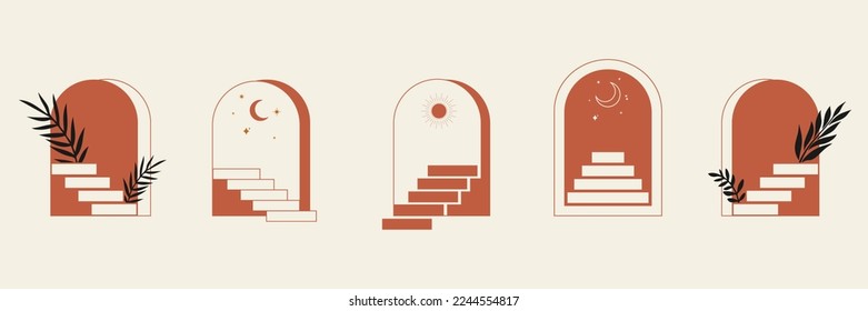 Escaleras minimalistas de puertas surrealistas. Arco de línea Boho, escalera, marcos místicos, arte geométrico abstracto. Ilustración vectorial