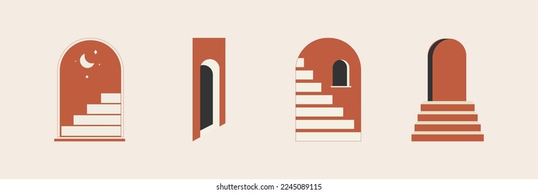 Minimal surreal doors stairs. Boho line arch, staircase, mystic frames, abstract geometric art. Vector illustration