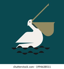 Minimal Swiming Pelican Vecotor Isolated On Green Background