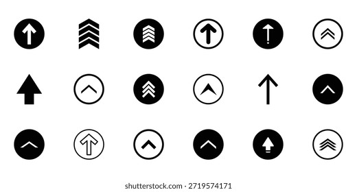 Conjunto mínimo de iconos de flecha hacia arriba, chevrones en negrita hacia arriba, rótulos de dirección de redes sociales, Elementos modernos de Diseños gráficos de llamada a la acción. Ilustración vectorial. EPS 10