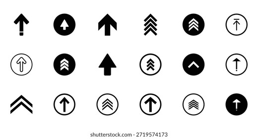 Conjunto mínimo de iconos de flecha hacia arriba, chevrones en negrita hacia arriba, rótulos de dirección de redes sociales, Elementos modernos de Diseños gráficos de llamada a la acción. Ilustración vectorial. EPS 10