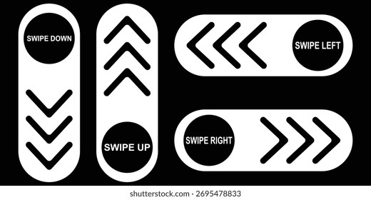 Minimal Swipe Direction Icons Set Up, Down, Left, Right Arrows. Mobile App Swipe Direction Buttons Flat Vector Arrows. Up Down Left Right UI Icons. Swipe screen icon. Arrow swipe, social media scrolls