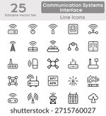 Minimal systems interface icons set for web and app UI, featuring 25 clean and modern line icons representing digital transmission, data flow, and connected systems. Includes symbols such as wifi indicator, broadcast tower, satellite, system hub, data transmission, wave pattern, online status, offline status, real time connection, collaboration flow, cloud based transfer, streaming indicator, voice transfer, message delivery, system link, monitoring dashboard, analytics panel, global connectivity, remote access, wireless link, system control, status indicator, and transmission tools. Designed with consistent stroke weight, rounded line caps, monochrome black on white background. Ideal for telecom platforms, monitoring dashboards, connectivity apps, and digital products requiring professional, scalable, vector friendly icons.